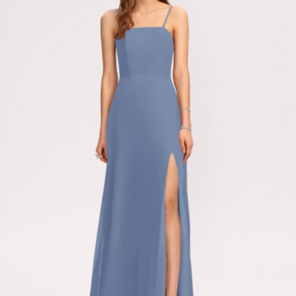 JJs house steel blue bridesmaid tea-length dress